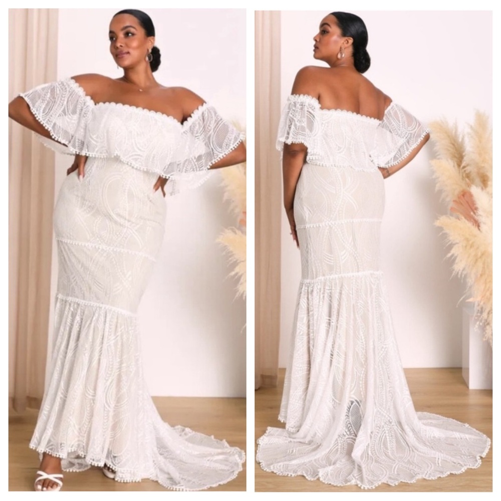 Lulu's White Off-Shoulder Lace Mermaid Wedding Dress